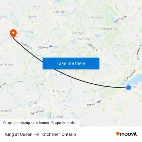 King at Queen to Kitchener, Ontario map