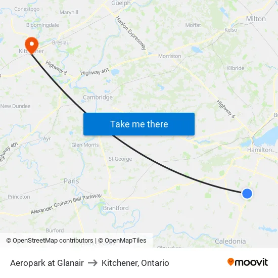 Aeropark at Glanair to Kitchener, Ontario map