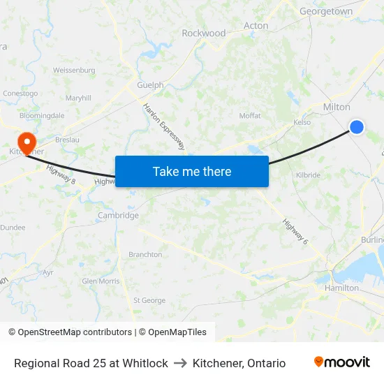 Regional Road 25 at Whitlock to Kitchener, Ontario map