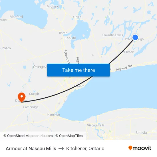 Armour at Nassau Mills to Kitchener, Ontario map