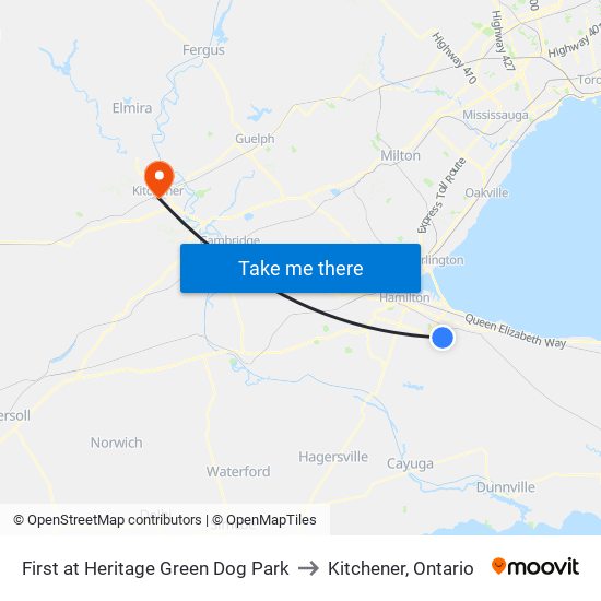 First at Heritage Green Dog Park to Kitchener, Ontario map