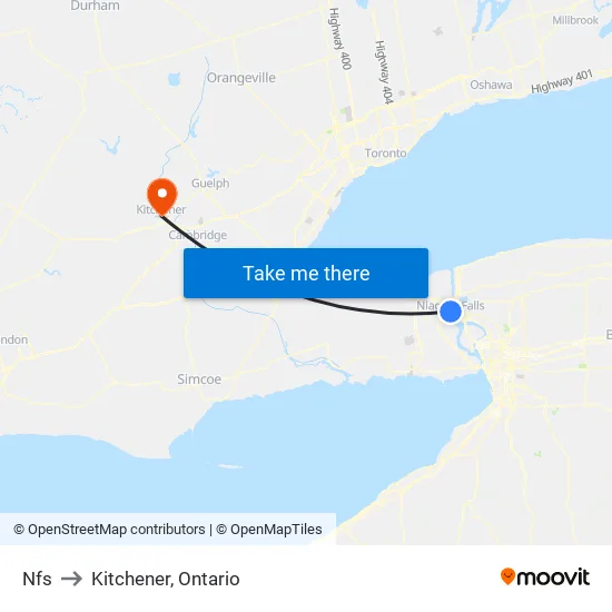 Niagara Falls to Kitchener, Ontario map