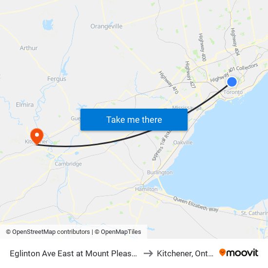 Eglinton Ave East at Mount Pleasant Rd to Kitchener, Ontario map