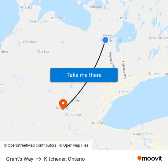 Grant's Way to Kitchener, Ontario map