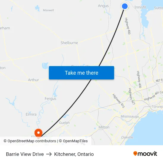 Barrie View Drive to Kitchener, Ontario map