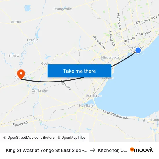 King St West at Yonge St East Side - King Station to Kitchener, Ontario map