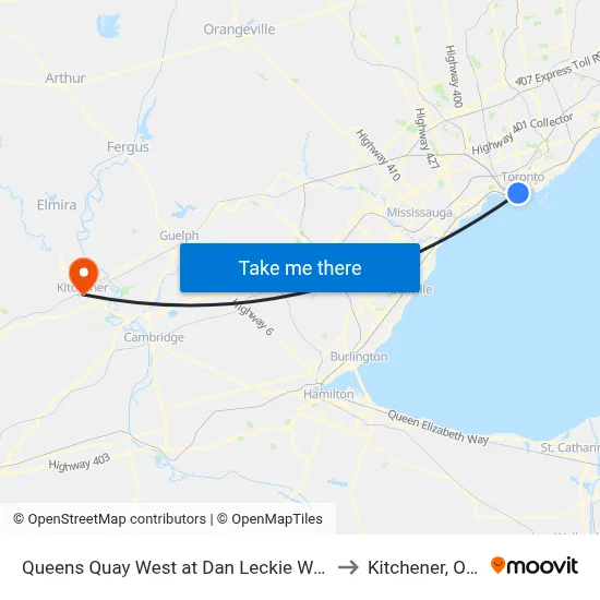 Queens Quay West at Dan Leckie Way East Side to Kitchener, Ontario map