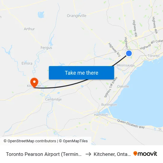 Toronto Pearson Airport (Terminal 1) to Kitchener, Ontario map