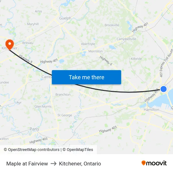 Maple at Fairview to Kitchener, Ontario map