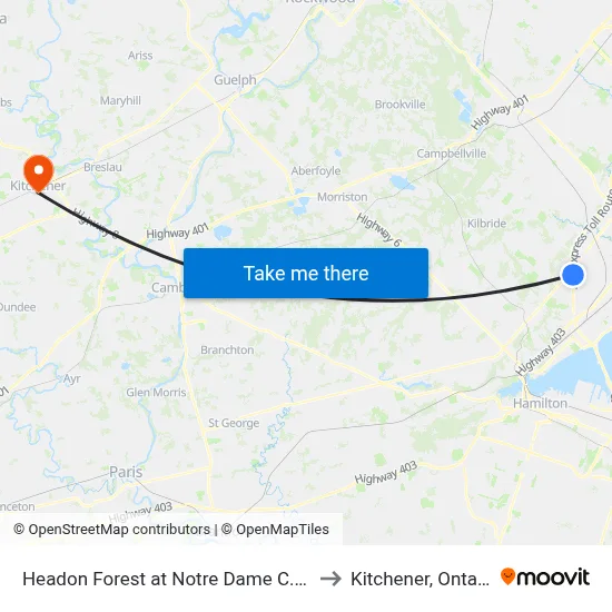 Headon Forest at Notre Dame C.S.S. to Kitchener, Ontario map