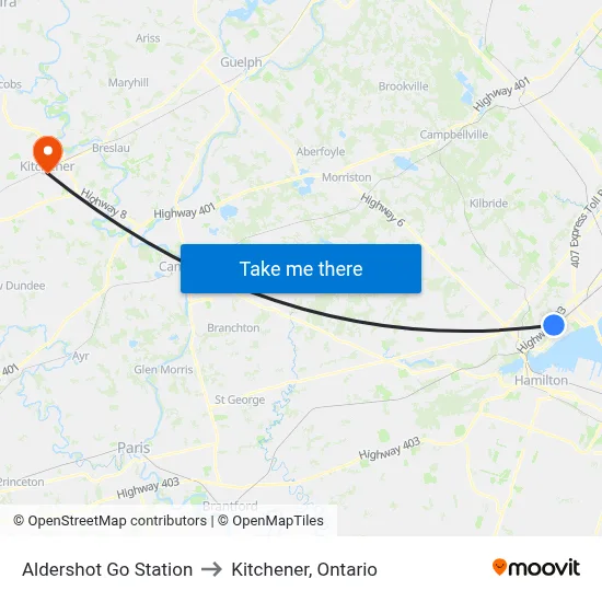 Aldershot Go Station to Kitchener, Ontario map