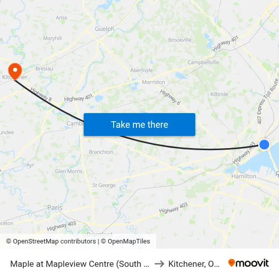Maple at Mapleview Centre (South Entrance) to Kitchener, Ontario map