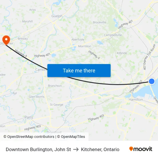 Downtown Burlington, John St to Kitchener, Ontario map