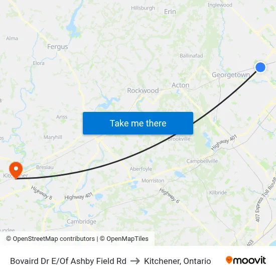 Bovaird Dr E/Of Ashby Field Rd to Kitchener, Ontario map