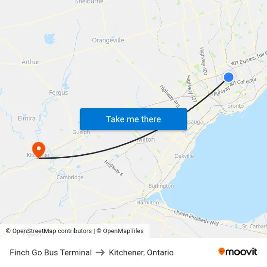Finch Go Bus Terminal to Kitchener, Ontario map