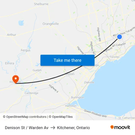 Denison St / Warden Av to Kitchener, Ontario map