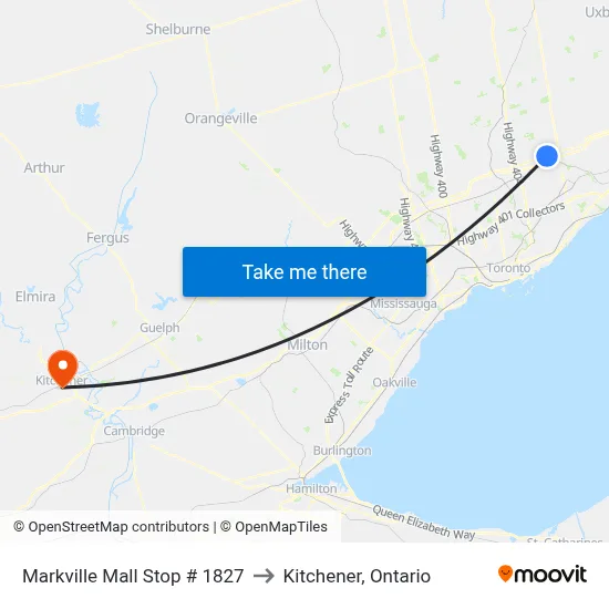 Markville Mall Stop # 1827 to Kitchener, Ontario map
