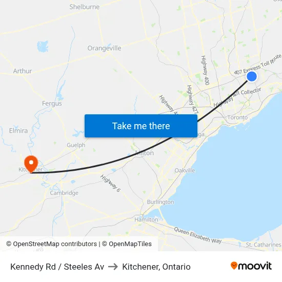 Kennedy Rd / Steeles Av to Kitchener, Ontario map