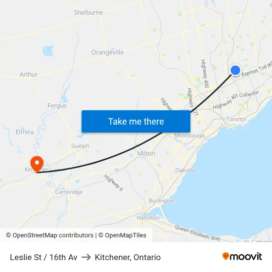 Leslie St / 16th Av to Kitchener, Ontario map