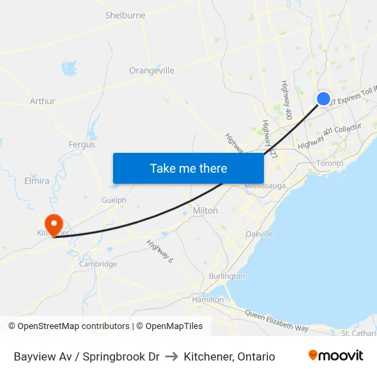 Bayview Av / Springbrook Dr to Kitchener, Ontario map