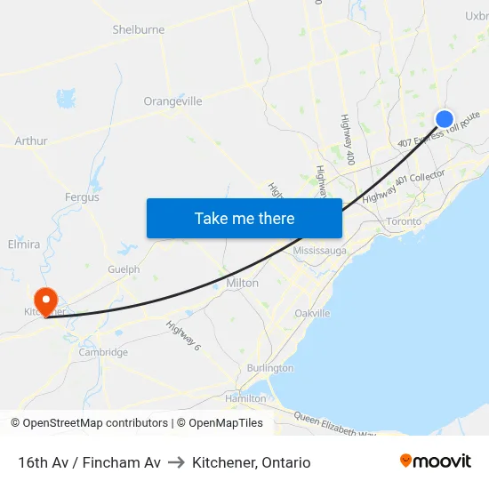 16th Av / Fincham Av to Kitchener, Ontario map