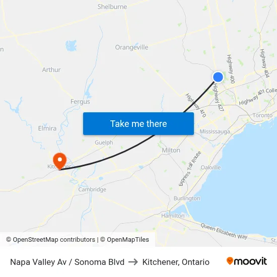 Napa Valley Av / Sonoma Blvd to Kitchener, Ontario map