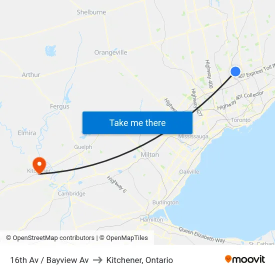 16th Av / Bayview Av to Kitchener, Ontario map