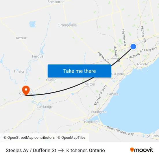 Steeles Av / Dufferin St to Kitchener, Ontario map