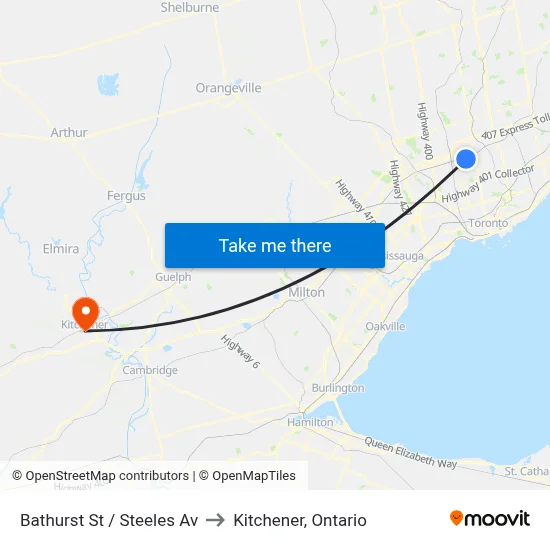 Bathurst St / Steeles Av to Kitchener, Ontario map