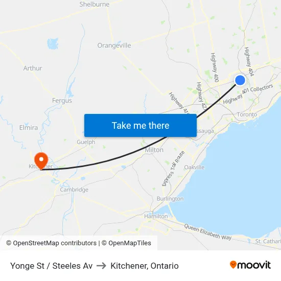 Yonge St / Steeles Av to Kitchener, Ontario map