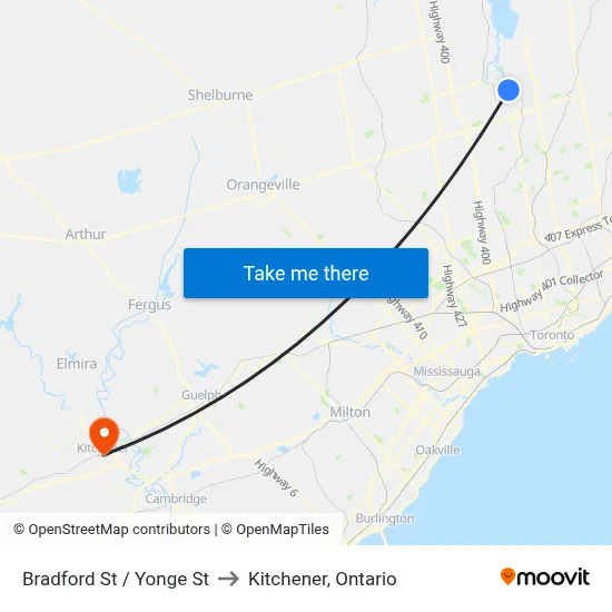 Bradford St / Yonge St to Kitchener, Ontario map