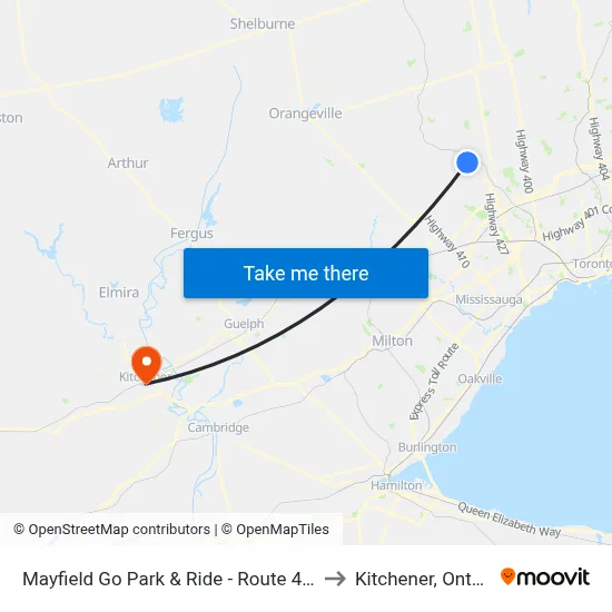 Mayfield Go Park & Ride - Route 41 Nb to Kitchener, Ontario map