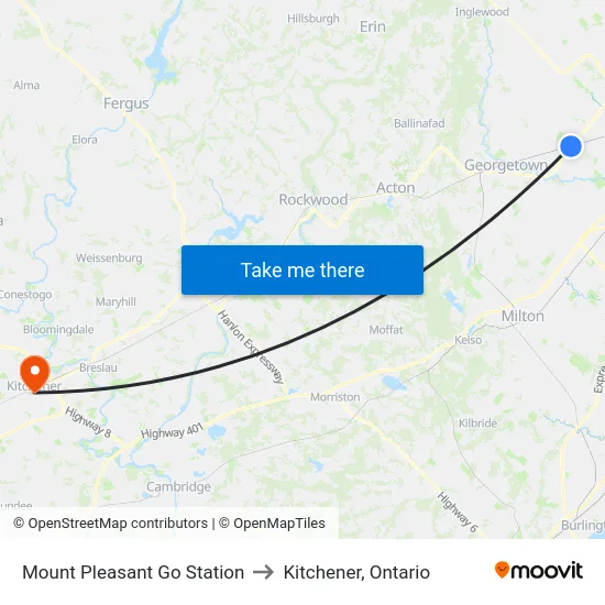 Mount Pleasant Go Station to Kitchener, Ontario map