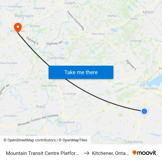 Mountain Transit Centre Platform 3 to Kitchener, Ontario map