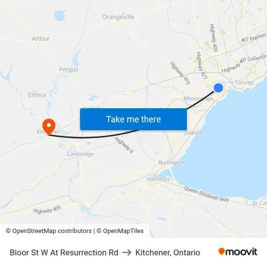Bloor St W At Resurrection Rd to Kitchener, Ontario map