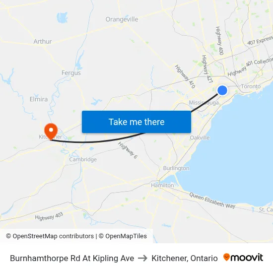 Burnhamthorpe Rd At Kipling Ave to Kitchener, Ontario map