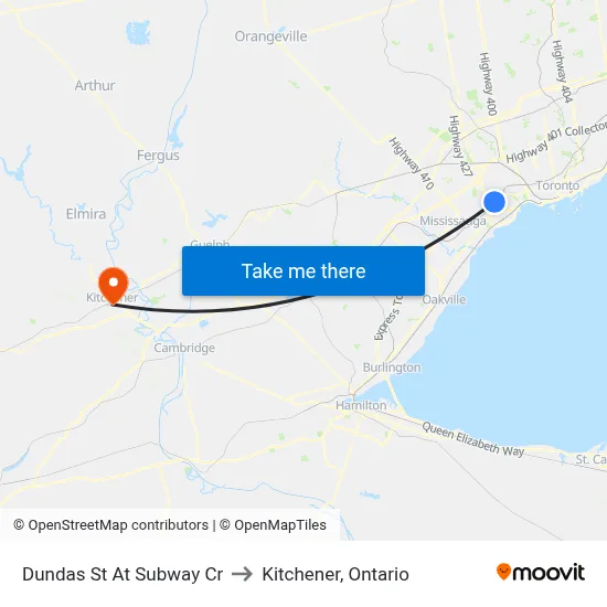 Dundas St At Subway Cr to Kitchener, Ontario map