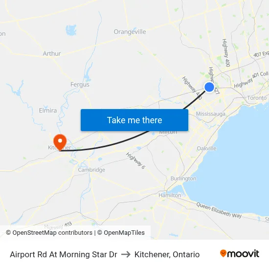 Airport Rd At Morning Star Dr to Kitchener, Ontario map