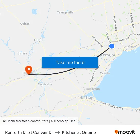 Renforth Dr at Convair Dr to Kitchener, Ontario map