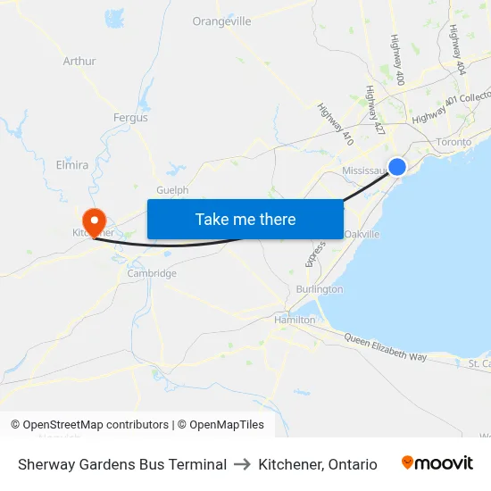 Sherway Gardens Bus Terminal to Kitchener, Ontario map