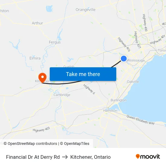 Financial Dr At Derry Rd to Kitchener, Ontario map