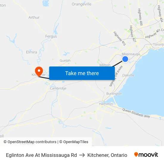 Eglinton Ave At Mississauga Rd to Kitchener, Ontario map