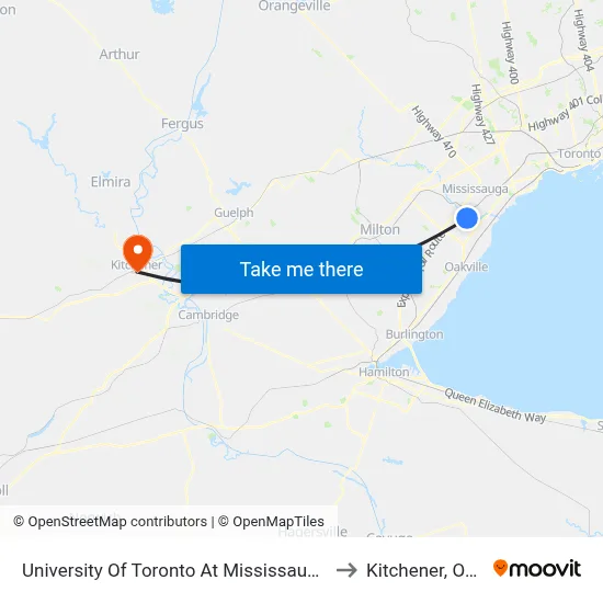 University Of Toronto At Mississauga Campus to Kitchener, Ontario map