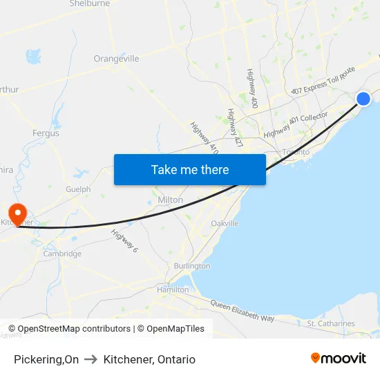 Pickering,On to Kitchener, Ontario map