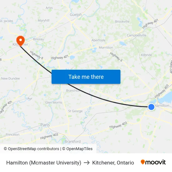 Hamilton (Mcmaster University) to Kitchener, Ontario map