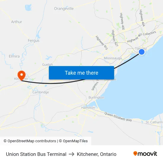 Union Station Bus Terminal to Kitchener, Ontario map