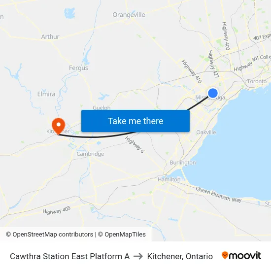 Cawthra Station East Platform A to Kitchener, Ontario map