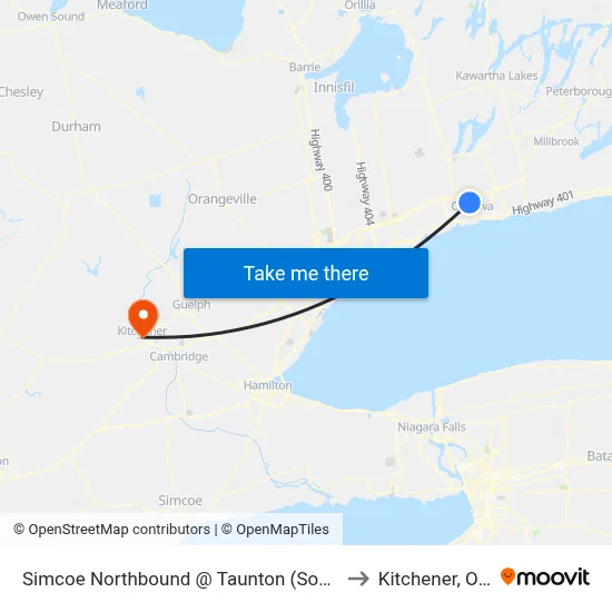 Simcoe Northbound @ Taunton (South Side Stop) to Kitchener, Ontario map