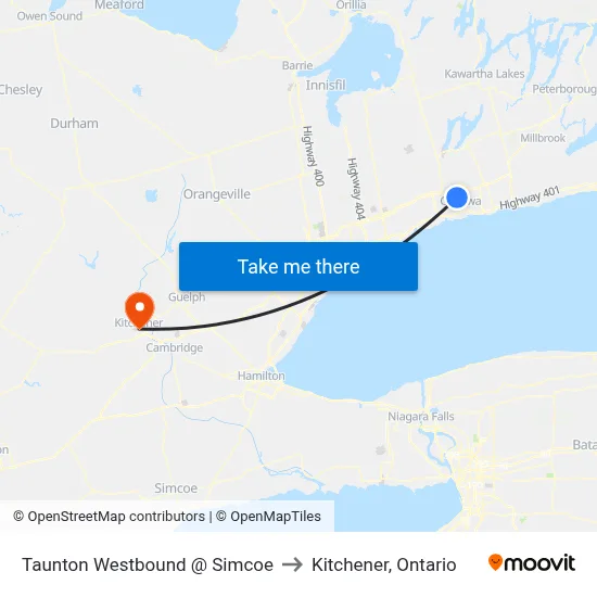 Taunton Westbound @ Simcoe to Kitchener, Ontario map
