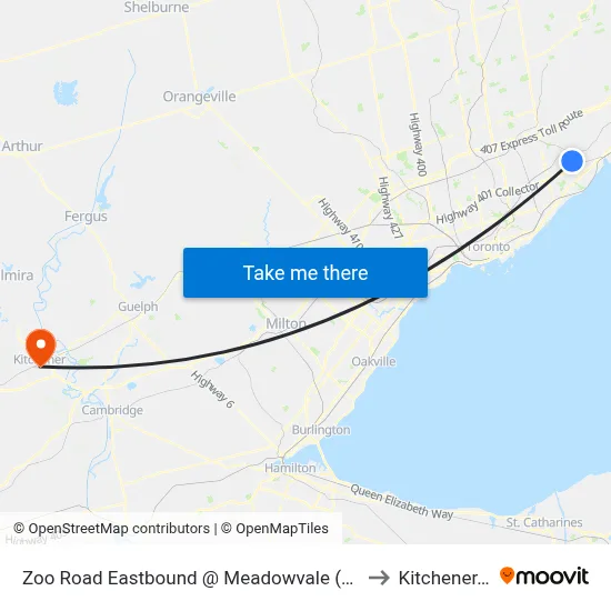 Zoo Road Eastbound @ Meadowvale (Rouge Park Visitor Centre) to Kitchener, Ontario map